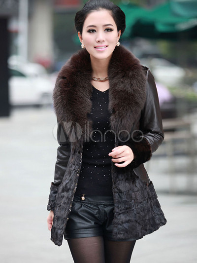 Black Sheepskin Mink Fur Fox Fur Collar Women's Fur Coat