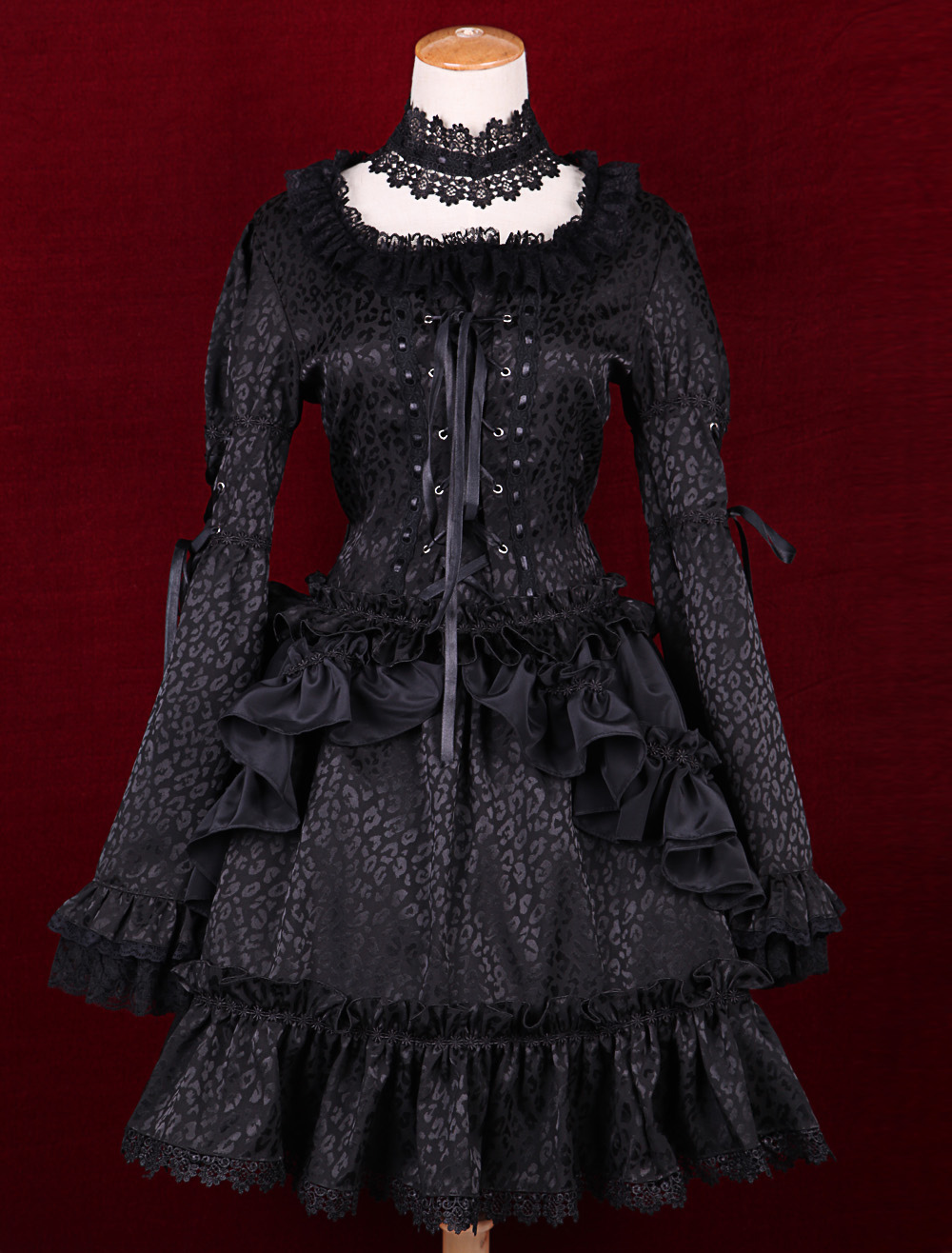 Black Satin Square Neck Long Sleeves Ruffles Gothic Lolita Dress steampunk buy now online