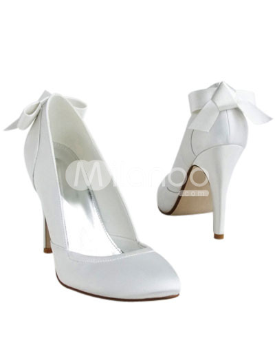 Bridal Shoes   on White Satin Fabric Bow Decoration Wedding Bridal Shoes   Milanoo Com