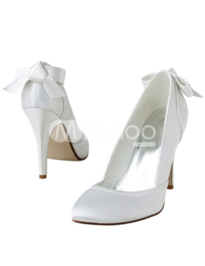 Burgundy Wedding Shoes on White Satin Fabric Bow Decoration Wedding Bridal Shoes   Milanoo Com