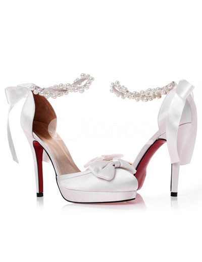 Bridal Shoes   on White Satin Ankle Strap Bow Decoration Bridal Shoes   Milanoo Com