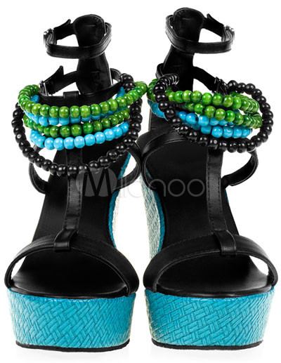 Blue Wedge Buckles Open Toe Womens Sandals