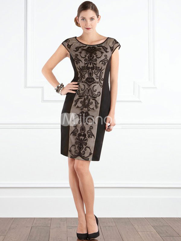 Black Embroidery Round Neck Short Sleeves Womens Party Dress