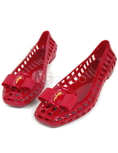 Burgundy Flat Shoes on Hollow Out Bow Decoration Women S Flat Jelly Shoes   Milanoo Com