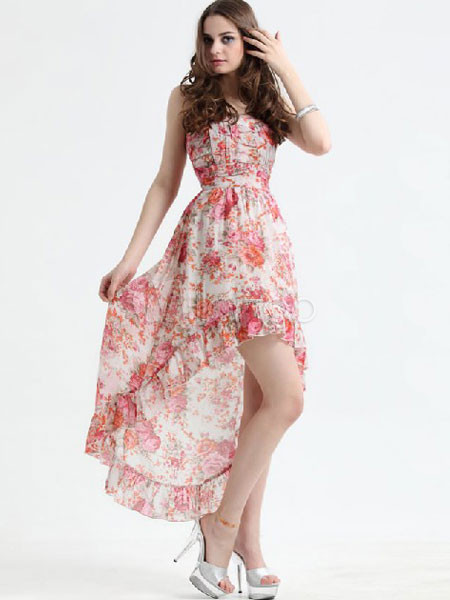 Chiffon Red Floral Print Spaghetti Straps Short Front Long Back Women's