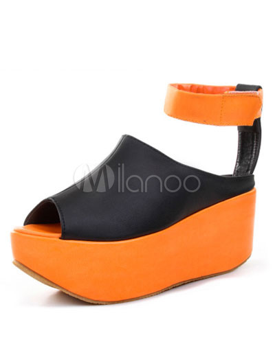 Stockings Peep on Roman Color Block Ankle Strap Peep Toe Pu Womens Platform Shoes