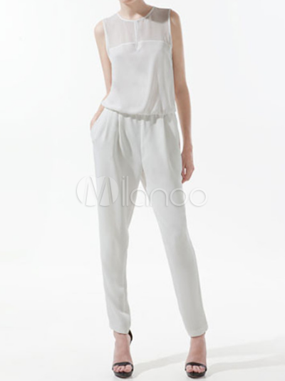 Fashion Jumpsuits on White Sleeveless Chiffon Womens Jumpsuit Milanoo Com