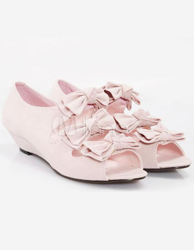 Heel Peep Shoes on Pink Bows Peep Toe Wedge Heel Nubuck Womens Low Heel Shoes Milanoo