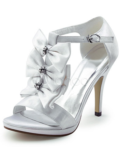 Sweet White Satin Bow Decoration Women's Spike High Heel Dress Sandals