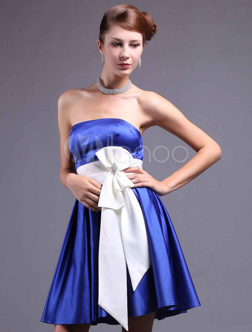 Royal Blue Satin Bow Sash Strapless Prom Dress