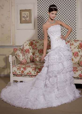 Sweet White Organza Lace Bow Women's Wedding Dress
