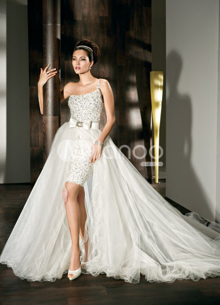 White Stylish One-Shoulder Lace Organza Women's Ball Gown Wedding Dress