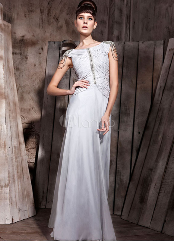 Silver Polyester Silk Chain Jewelry Neck Evening Dress
