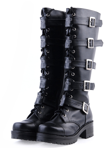 Gothic Black Lolita Boots Square Heels Platform Shoelace Straps Buckles steampunk buy now online Gothic Black Lolita Boots Square Heels Platform Shoelace Straps Buckles steampunk buy now online
