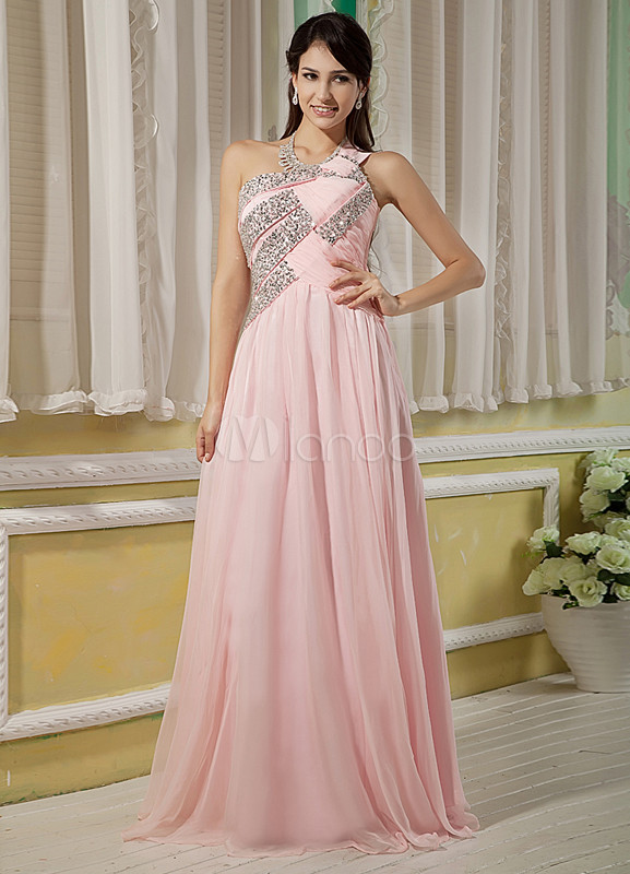 Pink Glitter Beading Halter Chiffon Elastic Woven Satin Prom Dress
