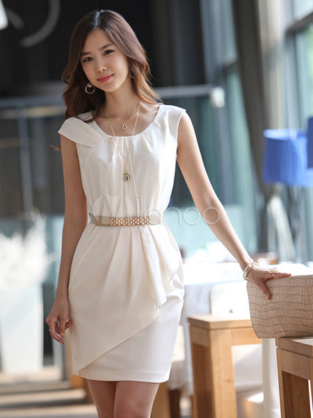 lace dresses Elegant White Round Collar Chiffon Overlay Shift Dress