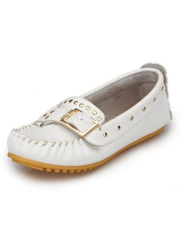 Studded Buckle Cowhide Woman's Loafers