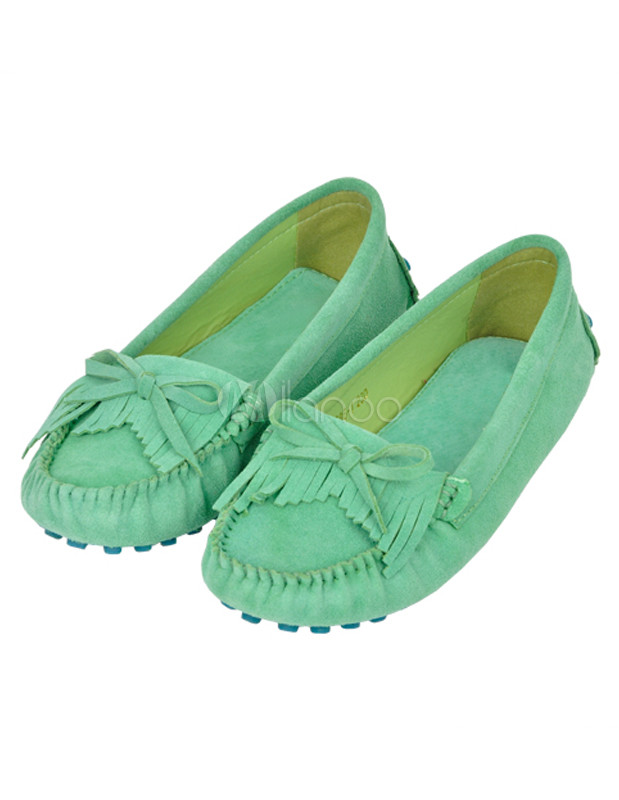 Lovely Round Toe Fringe Ribbon Cowhide Woman's Loafers
