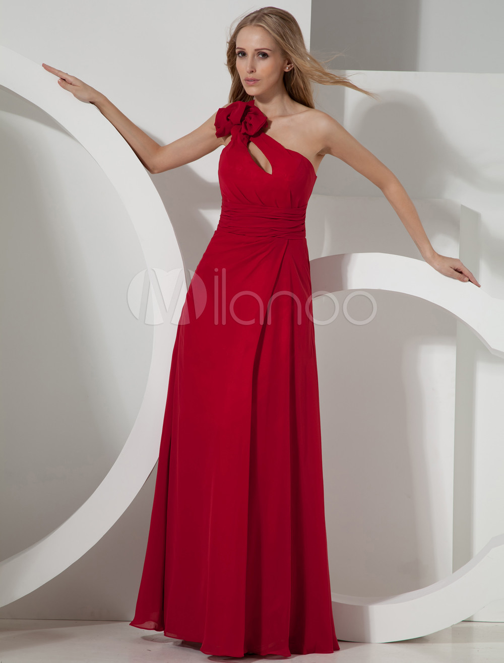 Red One-Shoulder Bow Chiffon Woman's Prom Dress (Wedding Cheap Party Dress) photo