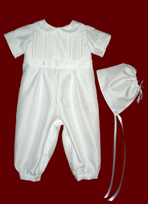 White Short Sleeves Pleated Silk Christening Jumpsuit Fanu