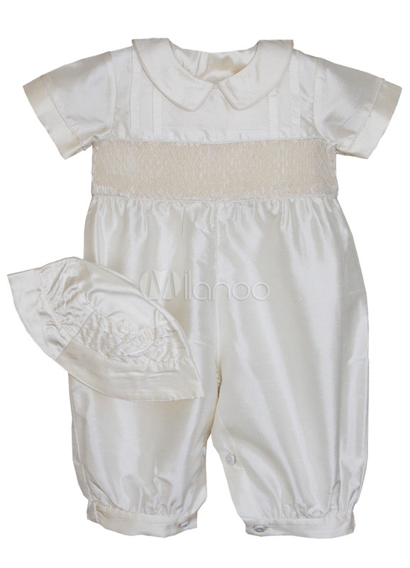 White Short Sleeves Silk Christening Jumpsuit Wikizio