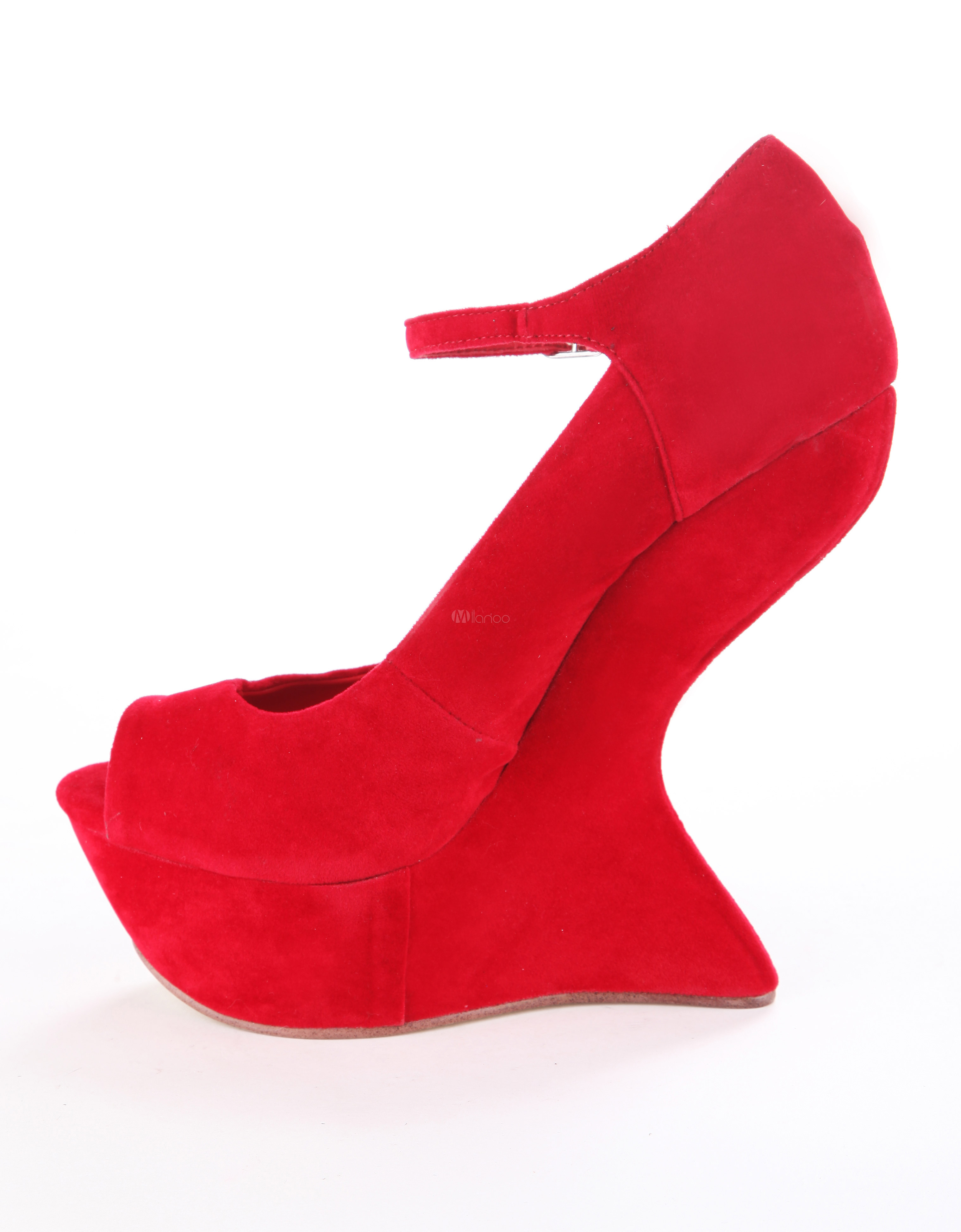 red ankle strap open toe heels