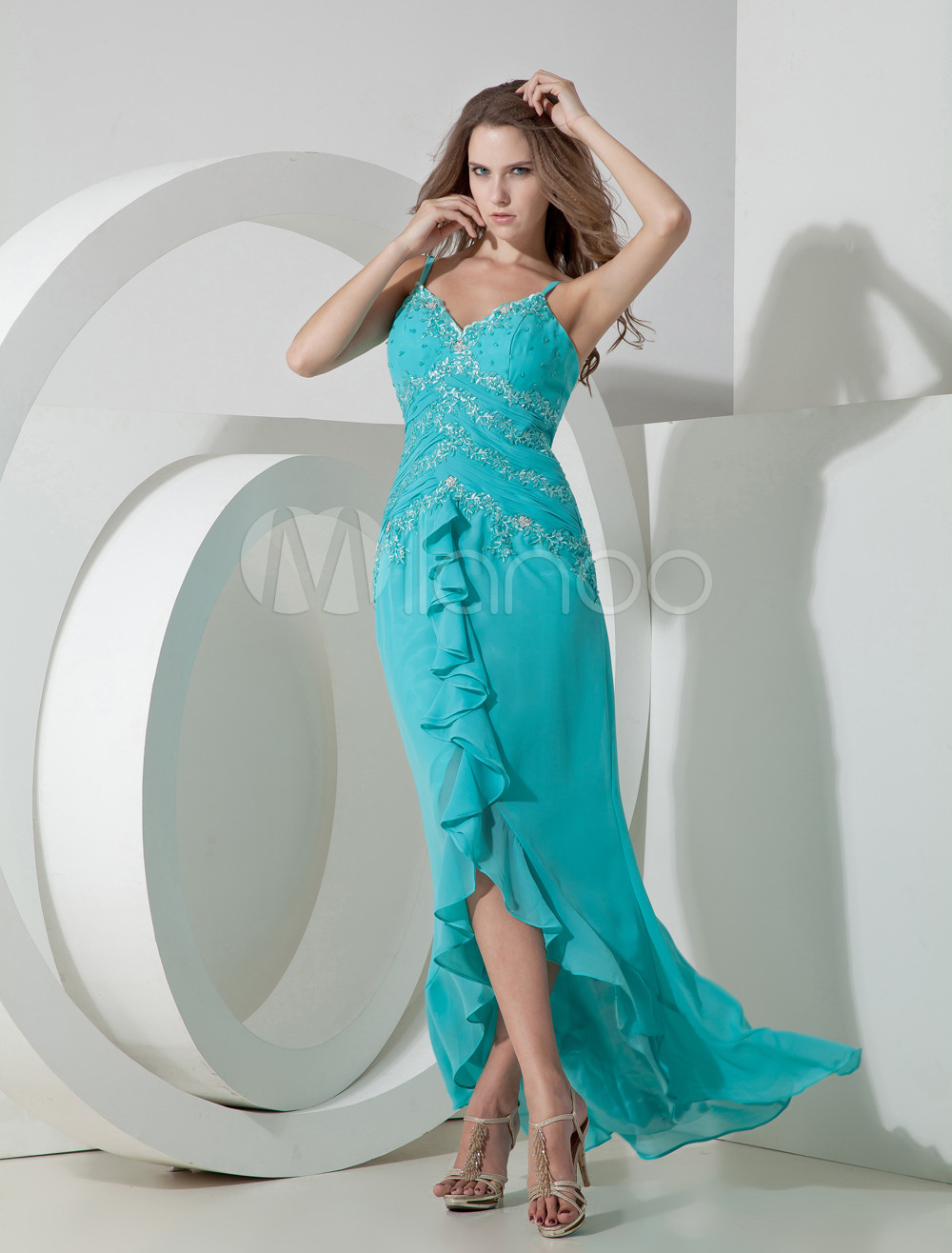 Hunter Green Spaghetti Satin Chiffon Long in Back Short in Front Prom Dress/Homecoming Dress