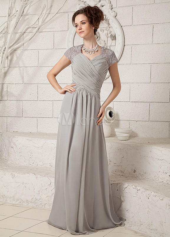 V-neck A-line Lace Appliqued Floor-length Dress Silver