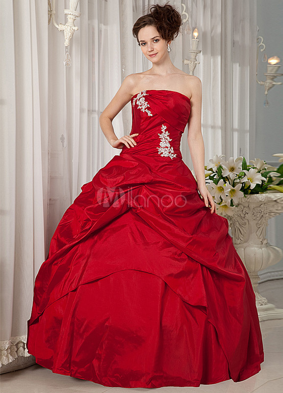 Red Strapless Taffeta Woman's Ball Gowns