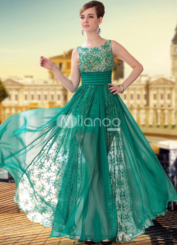 Green Semi-Sheer Lace Beading Satin Woman's Prom Dress