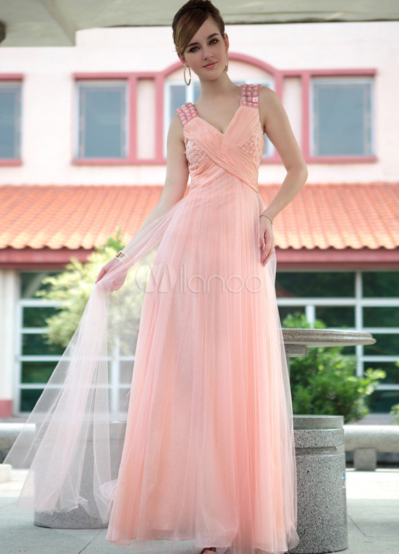 Pink V-Neck Romantic Silk-Like Woman's Prom Dress