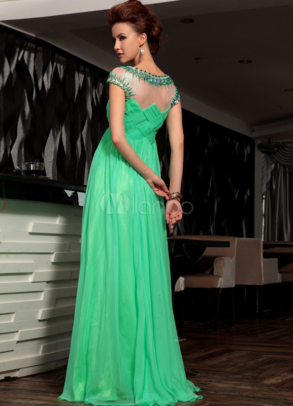 Green Beading Jewel Neck Chiffon Woman's Evening Dress