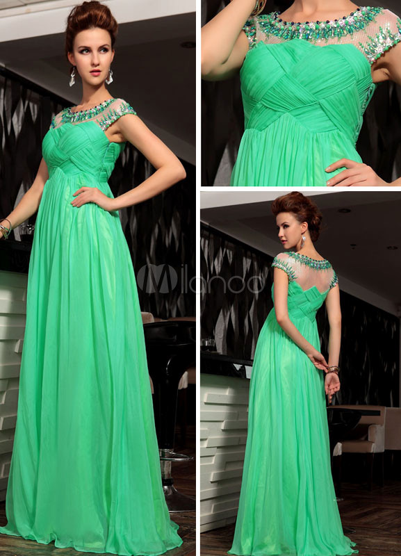 Green Beading Jewel Neck Chiffon Woman's Evening Dress