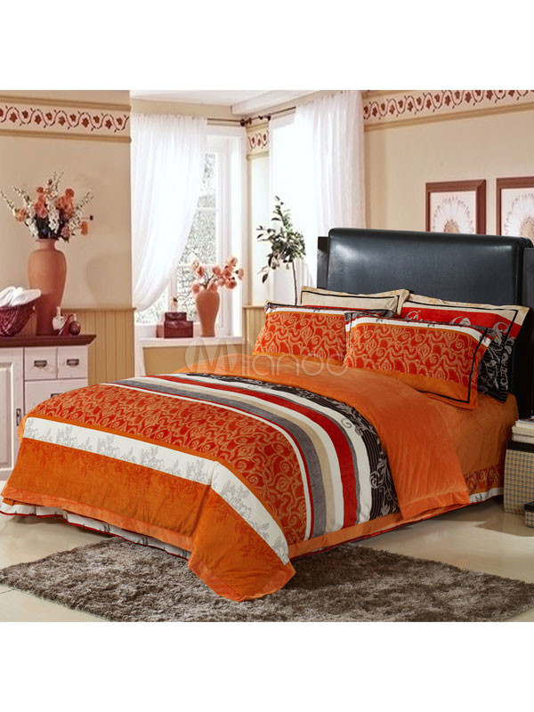 Orange Artwork Print Velvet 4Piece Luxury Bedding Set