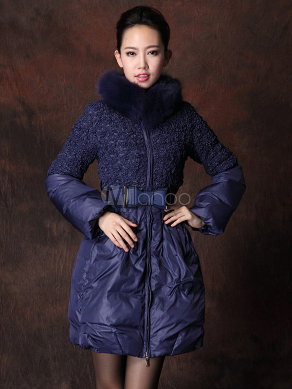 Sweet Purple Fox Fur Stand Collar Acetate Woman's Coat