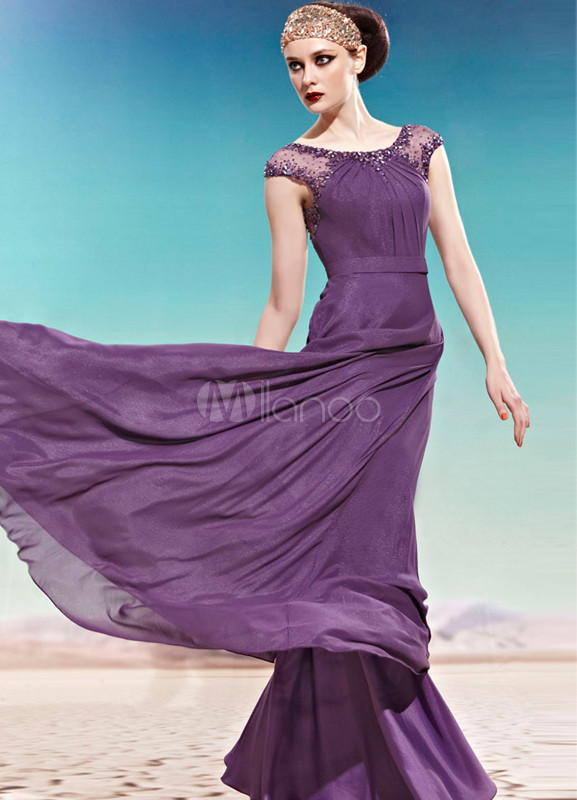 Rhinestone Scoop Neck Chiffon Long Dress Daffodil