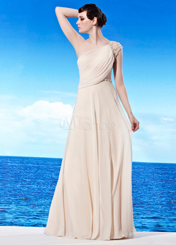 Beige Oneshoulder Aline Rhinestone Chiffon Woman’s Evening Dress