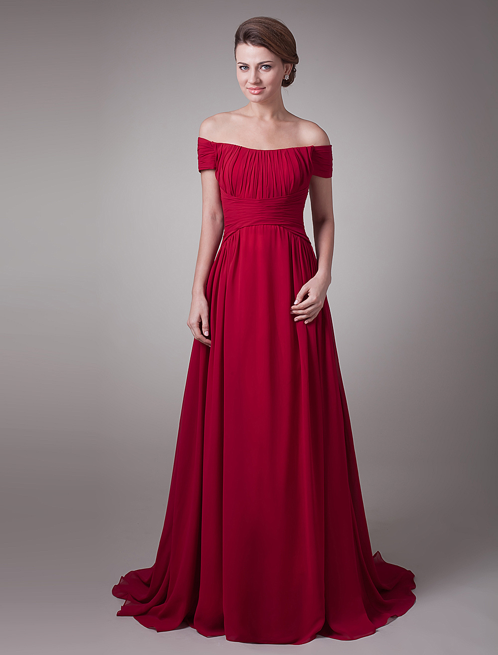 Red Wine Ruched Chiffon Mother of the Bride Dress with Off-The-Shoulder (Wedding) photo
