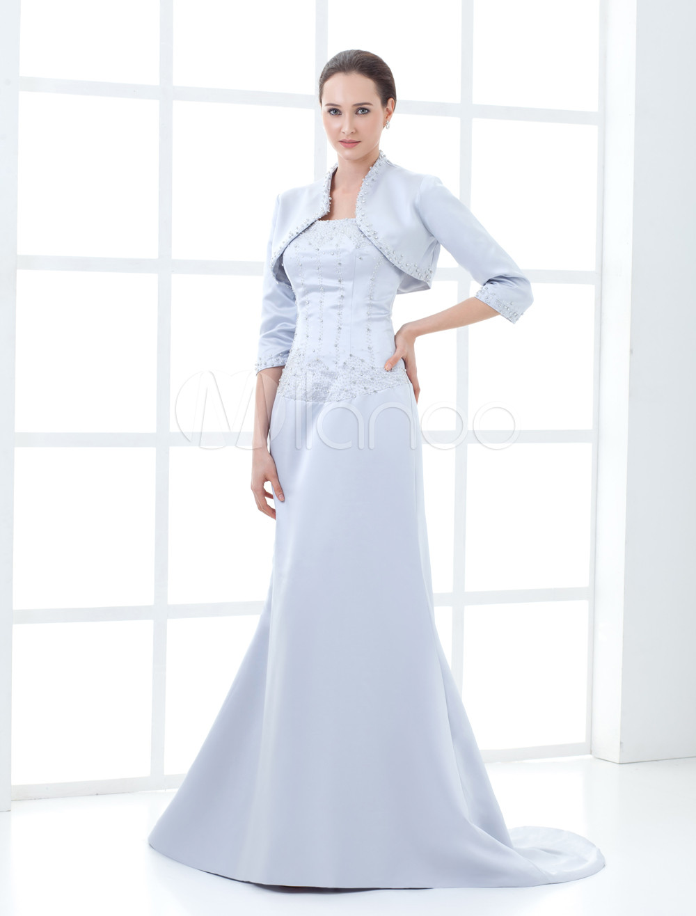 Two-Piece Long Sleeves Beaded Satin Mother Of Bride And Groom Dress (Wedding) photo