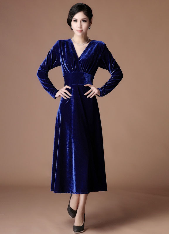 A-line Royal Blue Velvet V-Neck Tea-Length Fashion Cocktail Dress Wedding Guest Dress (Evening Dresses) photo