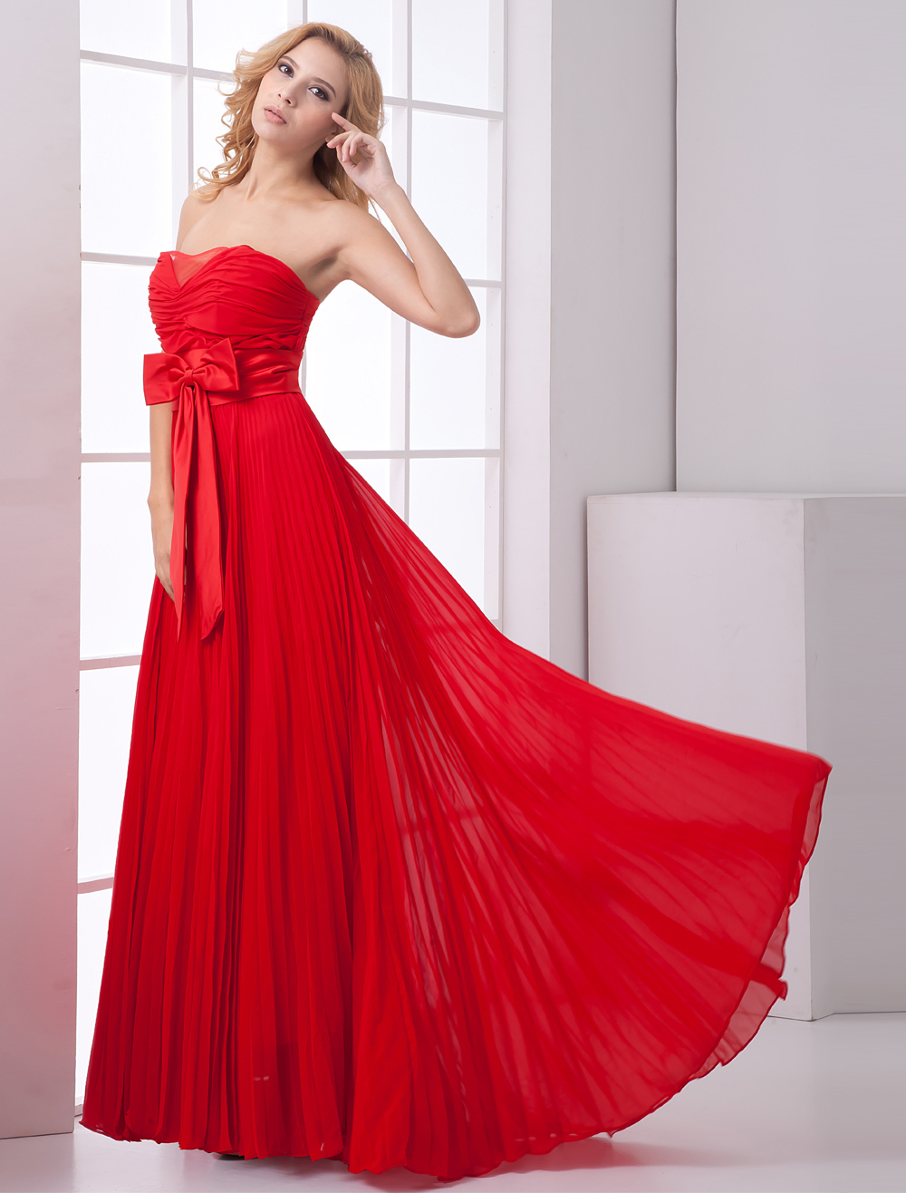 Empire Waist Red Chiffon Bow Sweetheart Women's Prom Dress (Wedding Prom Dresses) photo
