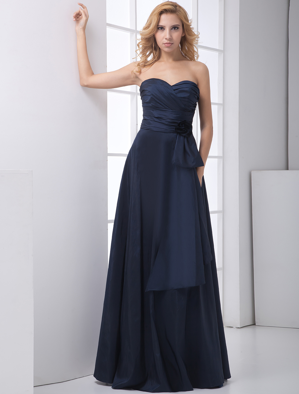Navy A Line Sweetheart Pleated Long Bridesmaid Dress