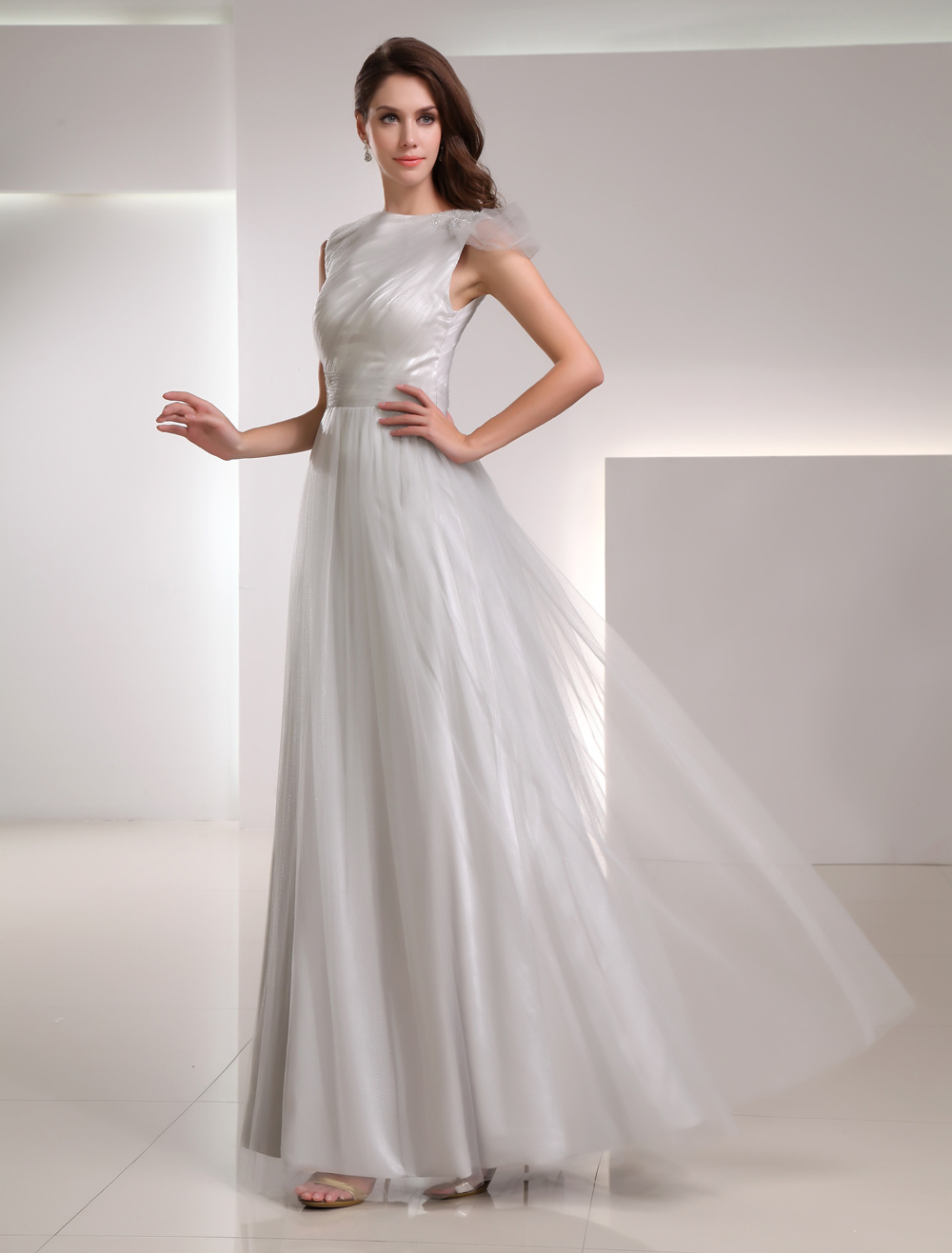 Chiffon Bateau Neck Formal Dress with Dramatic Back Drape Silver main image 1