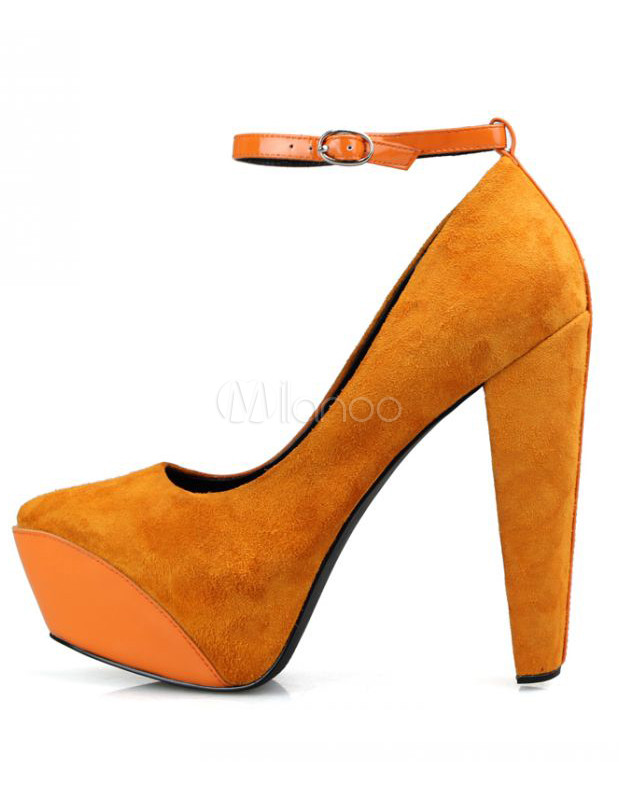 Modern Orange Suede Leather Chunky Heel Ankle Strap Pumps