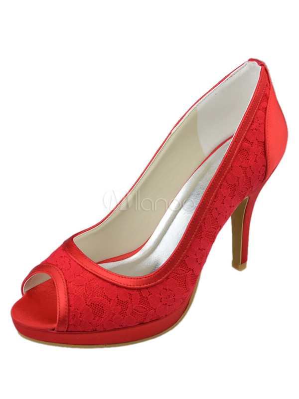 Red Lace Peep Toe High Heel Wedding Sandals