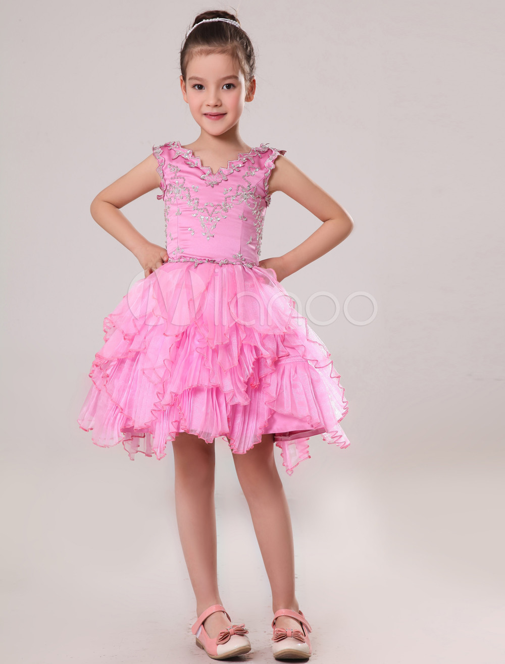 Ball Gown Blushing Pink Satin V-Neck Beading Wedding Flower Girl Dress (Flower Girl Dresses) photo