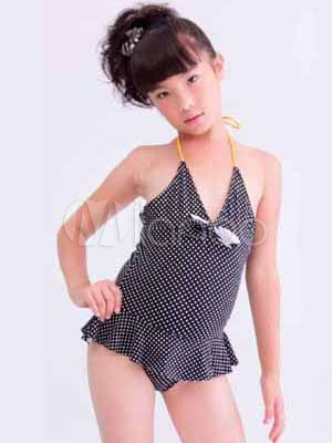 cute black polka dot pattern fiocco poliestere costumi da bagno per ragazze no4