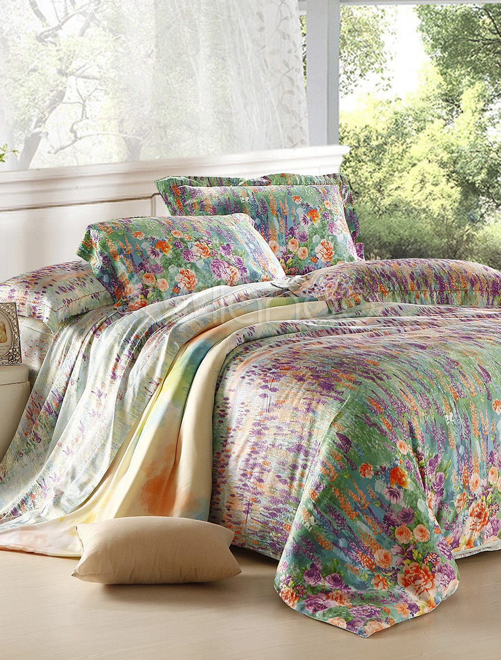 Retro Green Floral Print Tencel 4piece Cotton Bedding Set Dazzletube