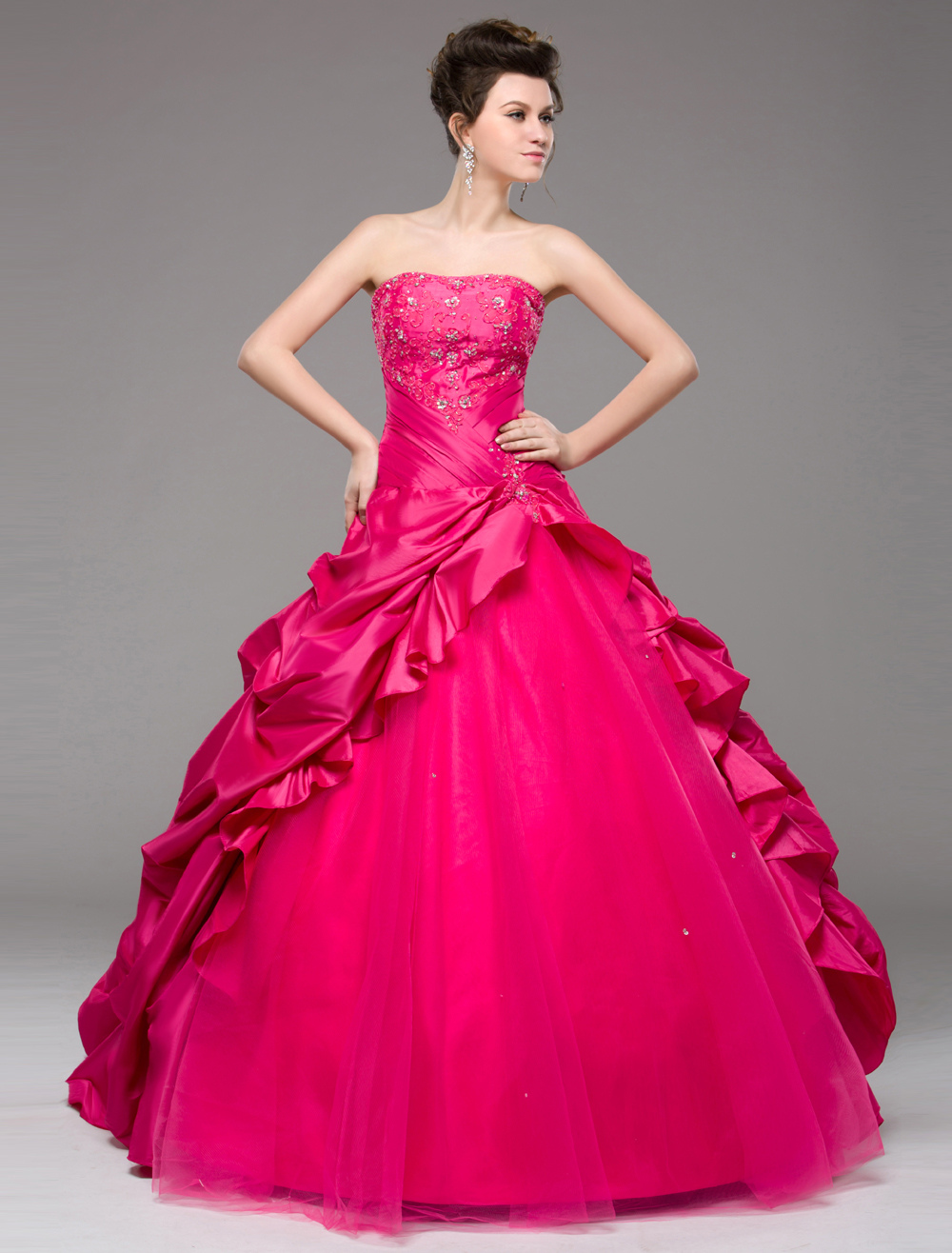 Ball Gown Prom Dress Hot Pink Taffeta Strapless Occasion Dress Beading Ruffle Floor Length Pageant Dress (Wedding Prom Dresses) photo