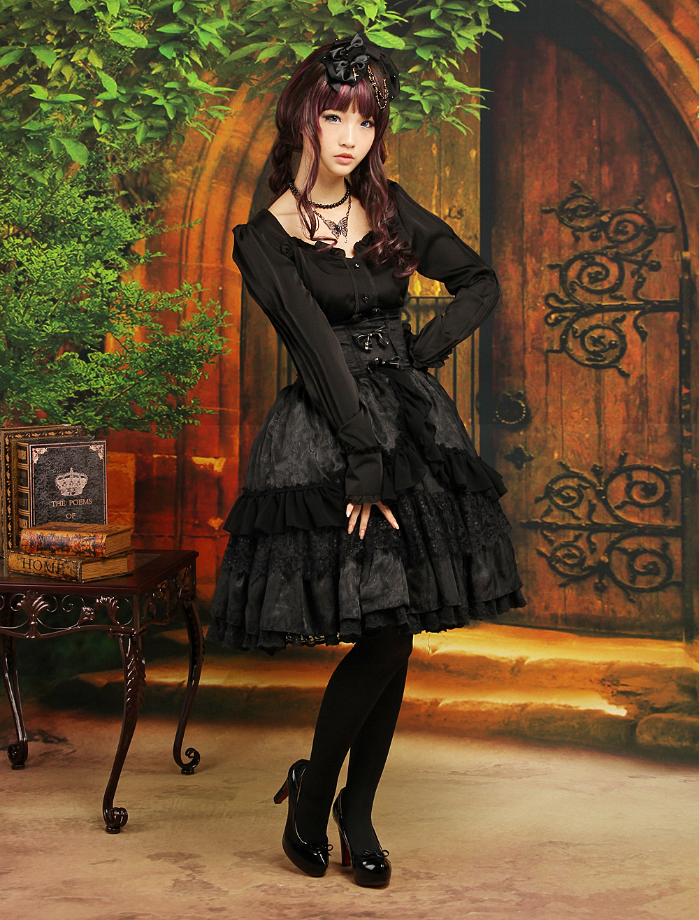 Gothic Black Layered Long Sleeves Elastic Silk Like Satin Jacquard Sweet Lolita Outfits steampunk buy now online
